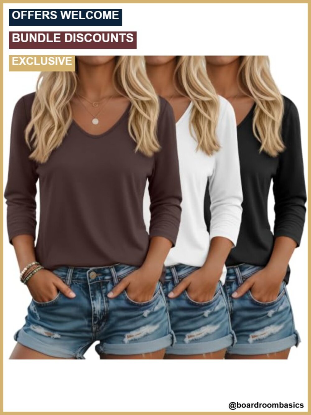3 Pack 3/4 Sleeve V Neck Tops Loose Fit Casual T-Shirts